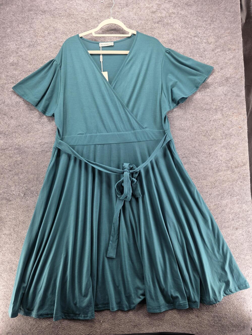 Nemidor Dress Womens 24 Green Wrap V-Neck Long Tie Belted Pleated Polyester